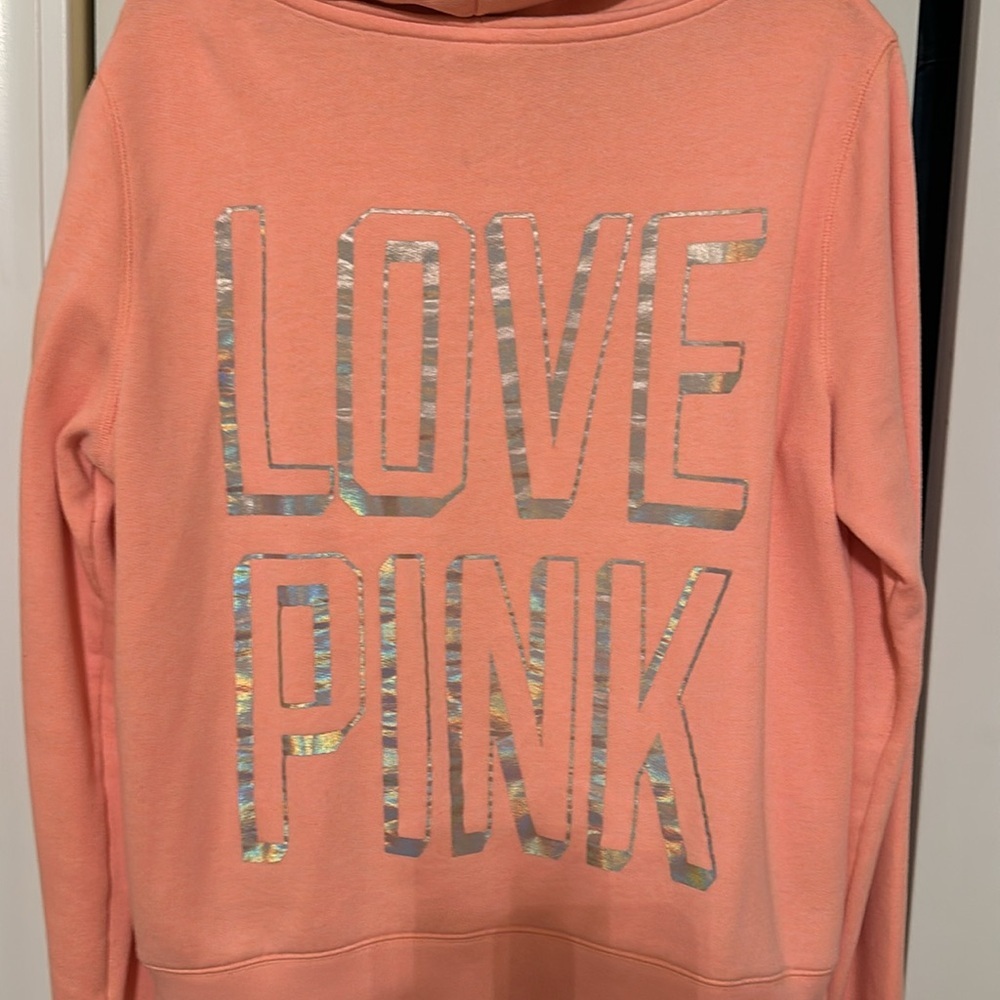 Victoria's Secret PINK Bling Full Zip Hoodie Peach Iridescent Holographic Logo L - Picture 4 of 8